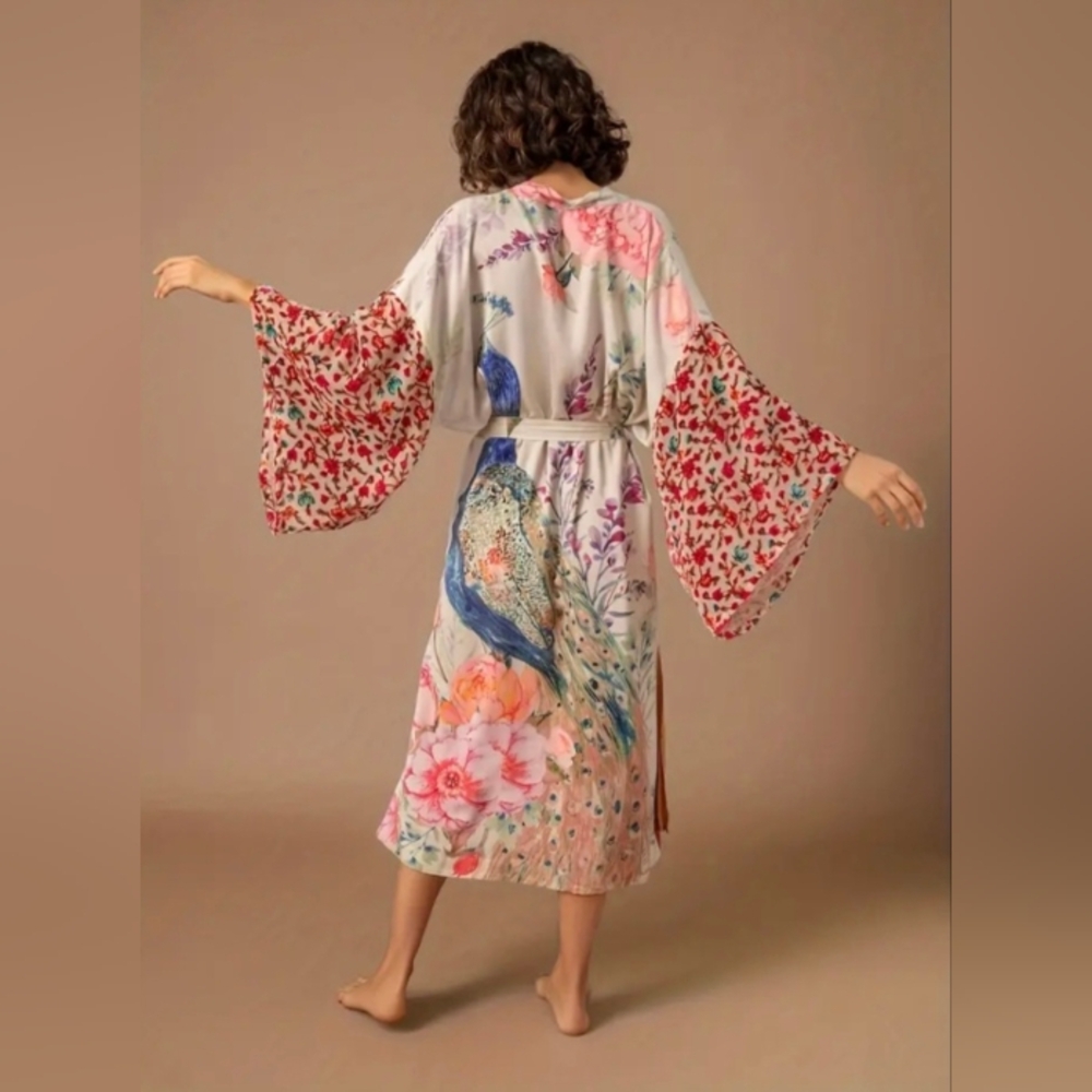 Floral Peacock Satin Robe with Bell Sleeves - White/Pink - Picture 13 of 13